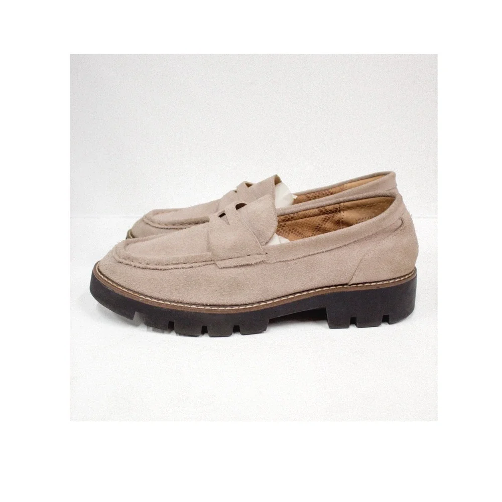 House of Harlow 1960 Gunner Penny Loafer Light Taupe Suede Lug Sole 9M-F33527